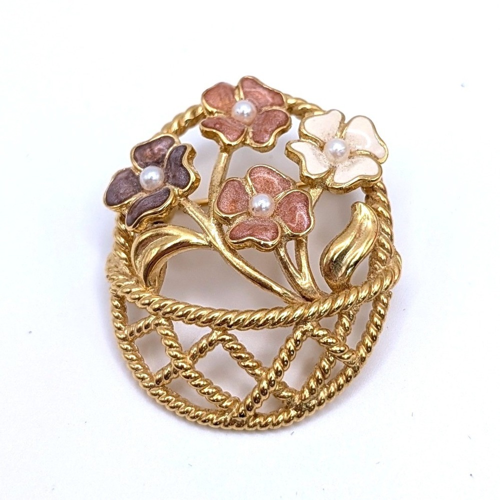 Marvella Flower Basket Brooch Vintage Enamel Faux Pearl Gold Tone Pin 1.5"
